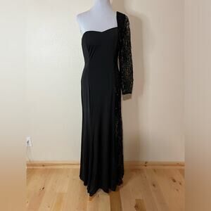 Alyce Designs black one shoulder long sleeve lace sequin jersey dress NEW 10